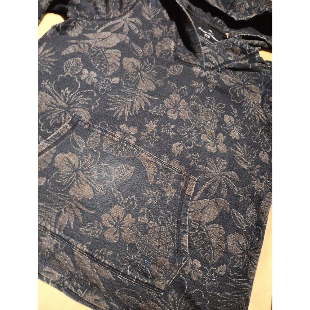 Tommy Bahama Women Medium Sweater All Over Print Floral Hooded V-Neck Navy Blue